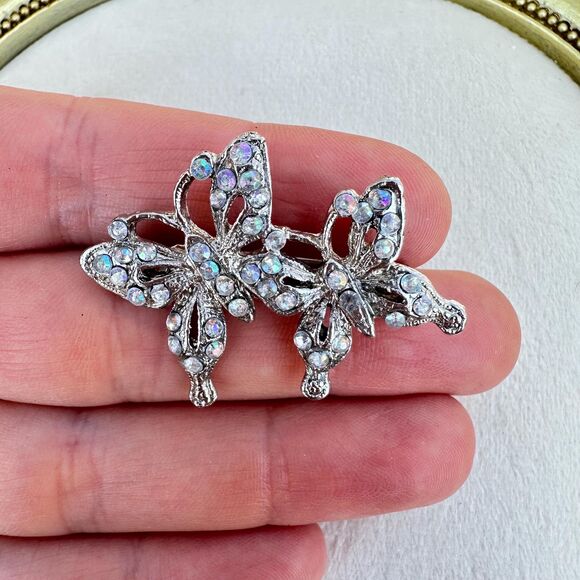 Vintage Jewelry Pair of Butterflies Brooch Silver 2 Butterfly Rhinestone Pin - Picture 1 of 4